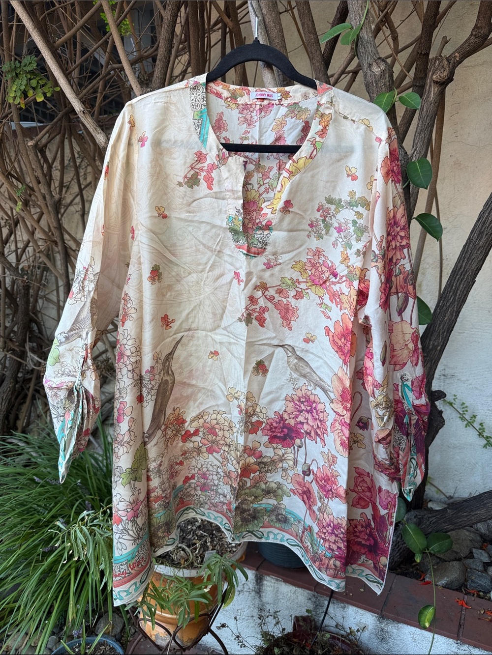 Johnny Was Cream Floral Buttonless Tunic with Pink, Green & Teal Accents